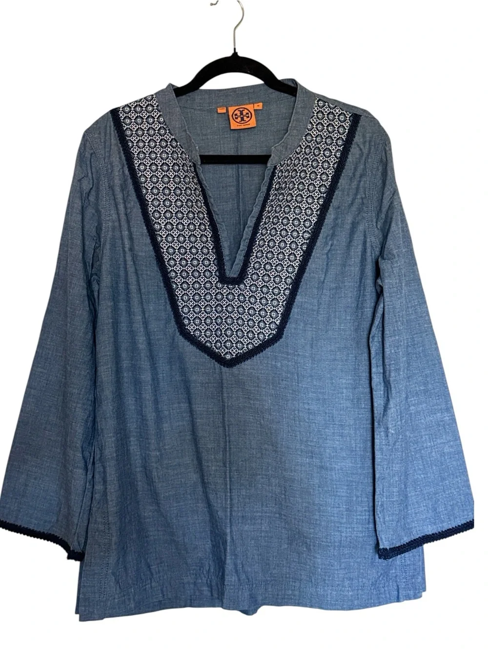 Tory Burch Embroidered Chambray Tunic, white geometric embroidery, V-neck , 14